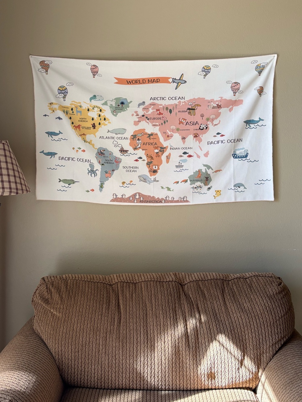Kids Cotton World Map Tapestry, Organic Dyes for Print, Made in USA, 49x29 in
